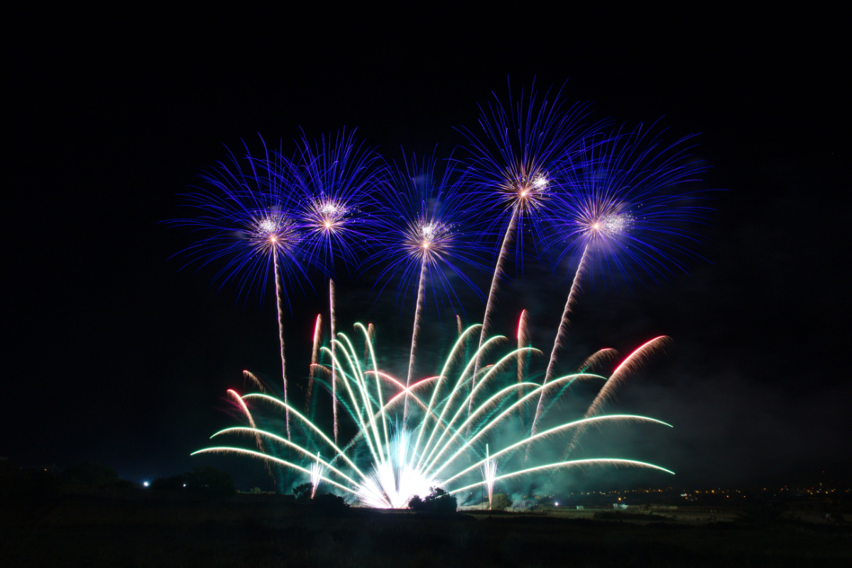 Choreographed firework colours changing through the sky
